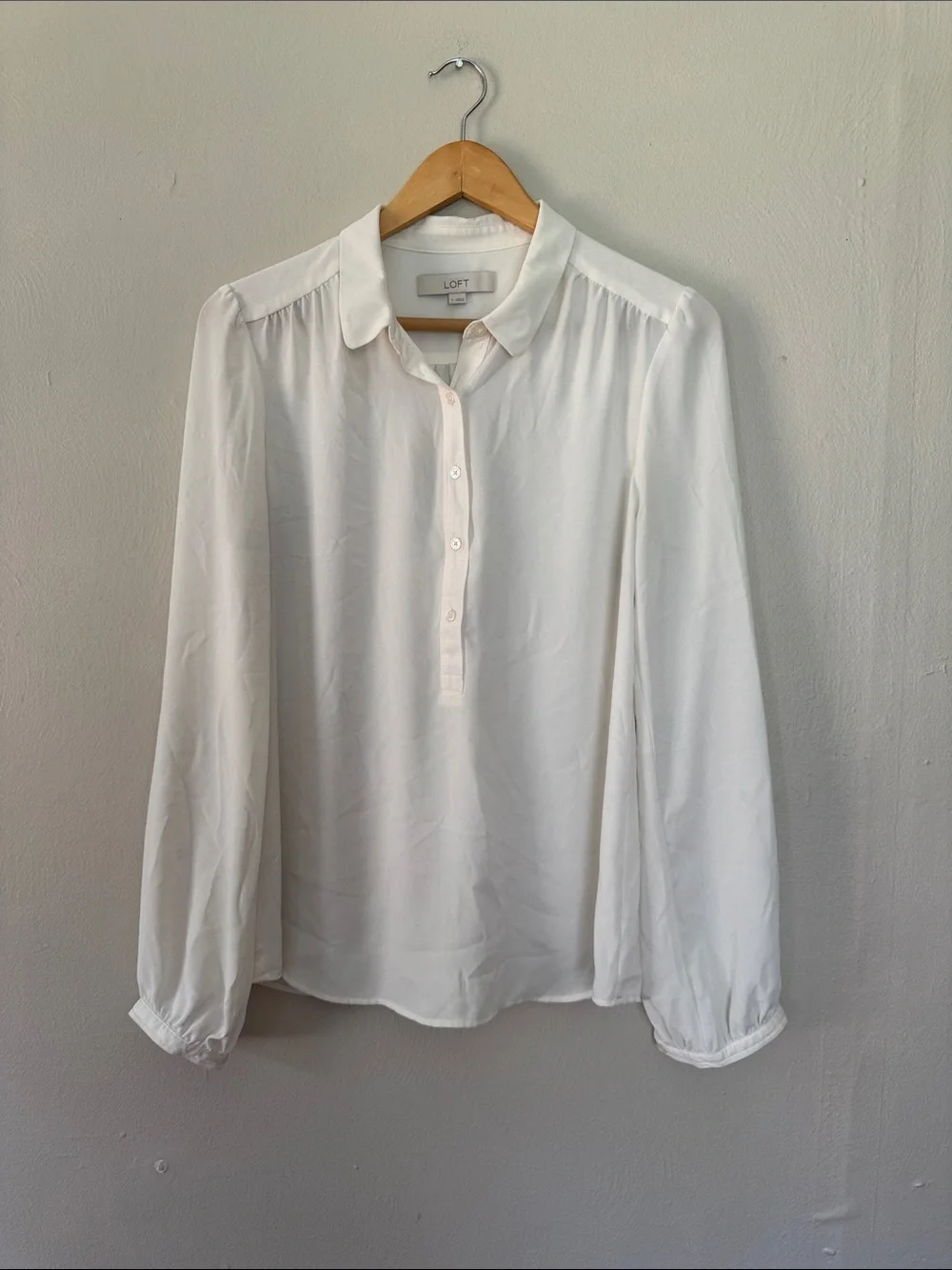 LOFT White Long-Sleeve Button Henley Blouse